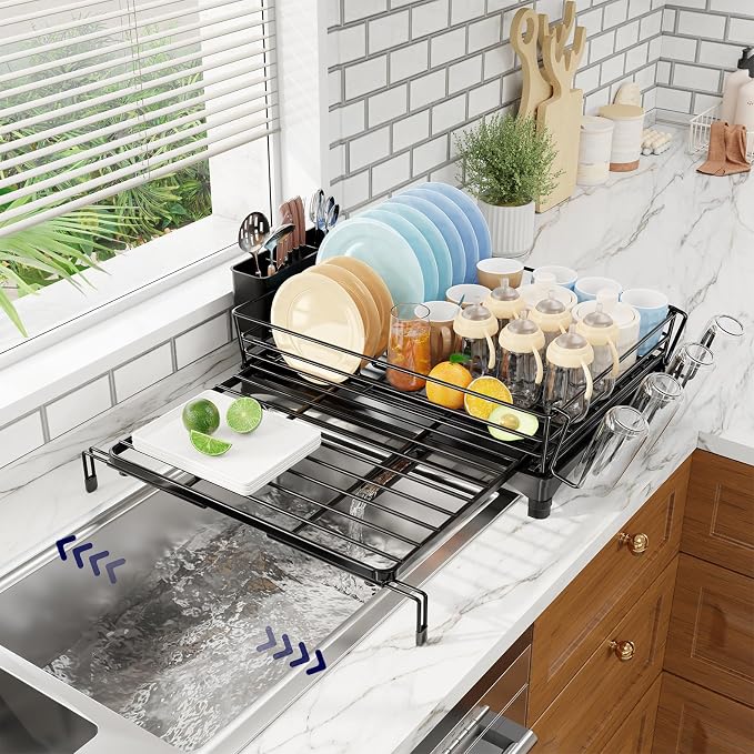 Simple Trending Dish Drying Rack - Expandable Dish Rack for Kitchen Counter, Large Capacity Dish Drainer, Stainless Steel Dish Strainer with Utensil & Cup Holders, Black by SimpleTrending
