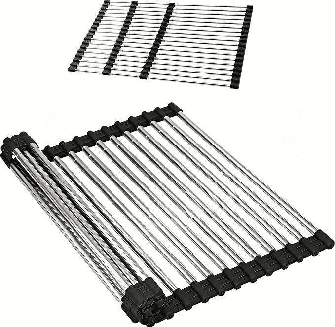 CHIRISEN Expandable Roll Up Dish Drying Rack Large, Foldable Over The Sink Dish Drying Rack, Collapsible Stainless Steel Drainer Over Sink Dish Drying Rack for Kitchen Counter (Black, 21.25''x12.79'') by CHRISEN