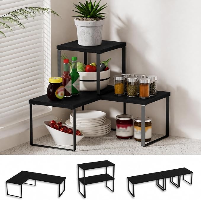 Golener Countertop Shelf, Kitchen Counter Organizer, Adjustable, Stackable | Kitchen Countertop Organizer, Spice Rack, 2-Tier Countertop Shelves, Corner Desk Shelf, Corner Counter Shelf, Classic Black by Golener