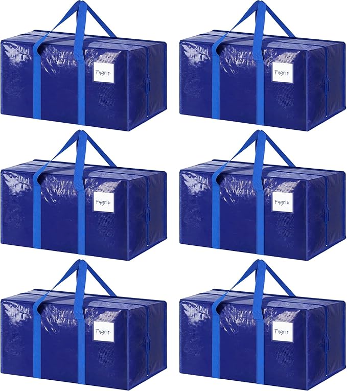 6 Pack Extra Heavy Duty Large Moving Bags with Strong Zipper, Blue | Comfortable Handles, Sturdy & Durable Clothes Storage Bags Totes Bins, Blue Packing Moving Boxes for College Supplies by Fygrip