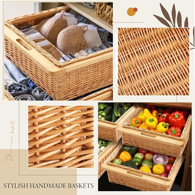 Rustic Wicker Pull out Cabinet Organizer Basket Drawers with Frame and Runners Slide 20" W x 20" l x 8" H for Kitchen Shelf Pantry Storage, Easy DIY Installation - Image 5