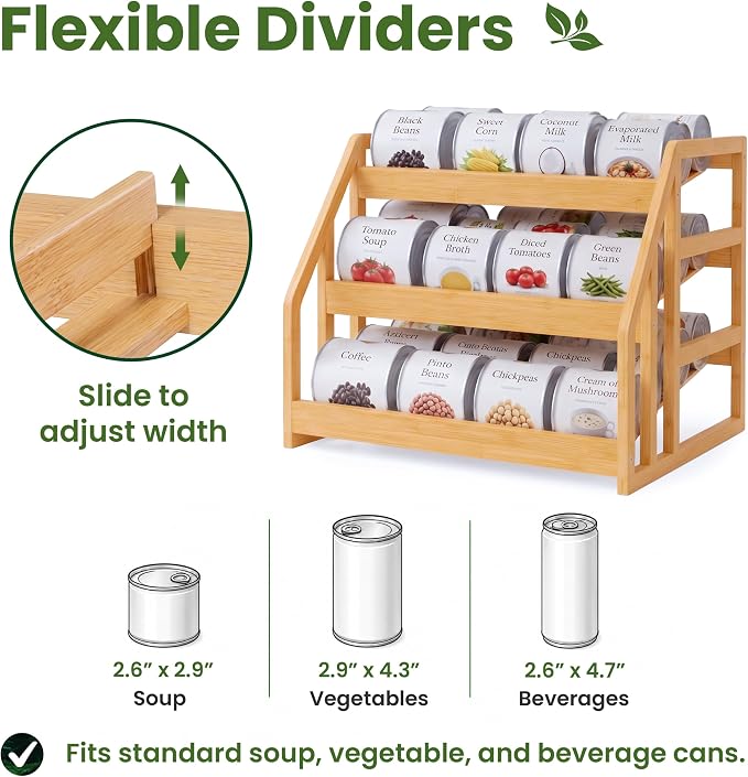 HOMESTEAD Bamboo Can Organizer for Pantry - 3 Tier Rack with Adjustable Dividers, Gravity Feed Canned Goods Organizer, 36 Cans Soda Storage - Image 3