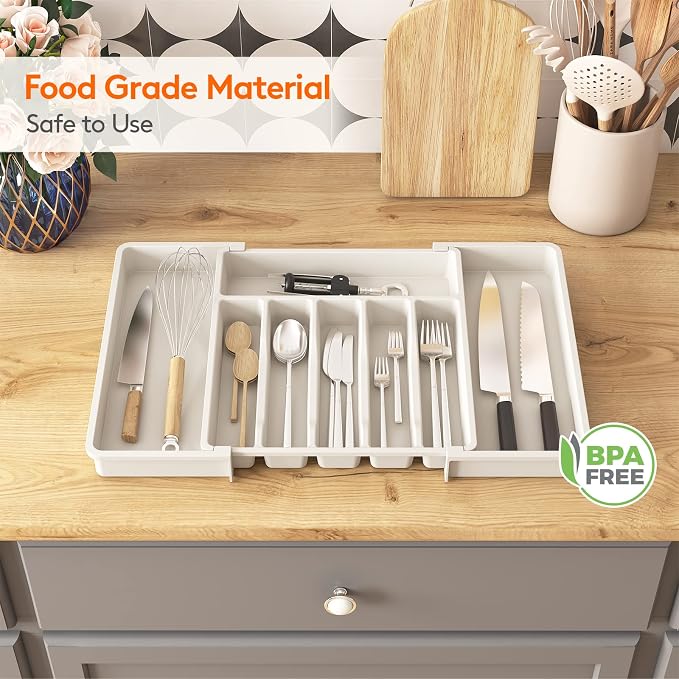 Lifewit Extra Large Silverware Drawer Organizer, Expandable Utensil Tray | BPA Free Flatware Cutlery Holder for Kitchen, Adjustable Plastic Storage for Spoons Forks Knives, 13-22 x15, White - Image 6