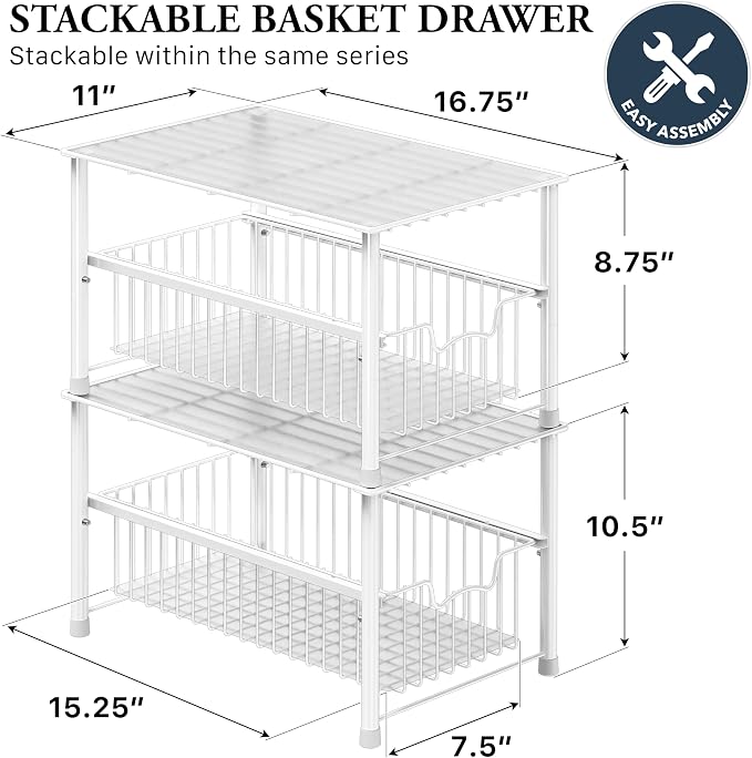Simple Houseware Wired Stackable Under Sink Cabinet Sliding Basket, White | Free Standing Organizer Drawer, Kitchen/Pantry/Cabinet/Counter - Image 2