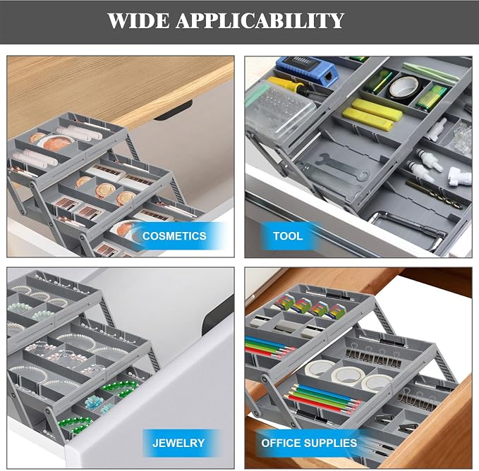 Drawer Organizer, Expandable Foldable Versatile Bathroom and Vanity Desk Drawer Organizer Trays, Plastic Storage for Makeup, Bedroom, Jewelry, Kitchen Utensils and Office (3 - Image 3