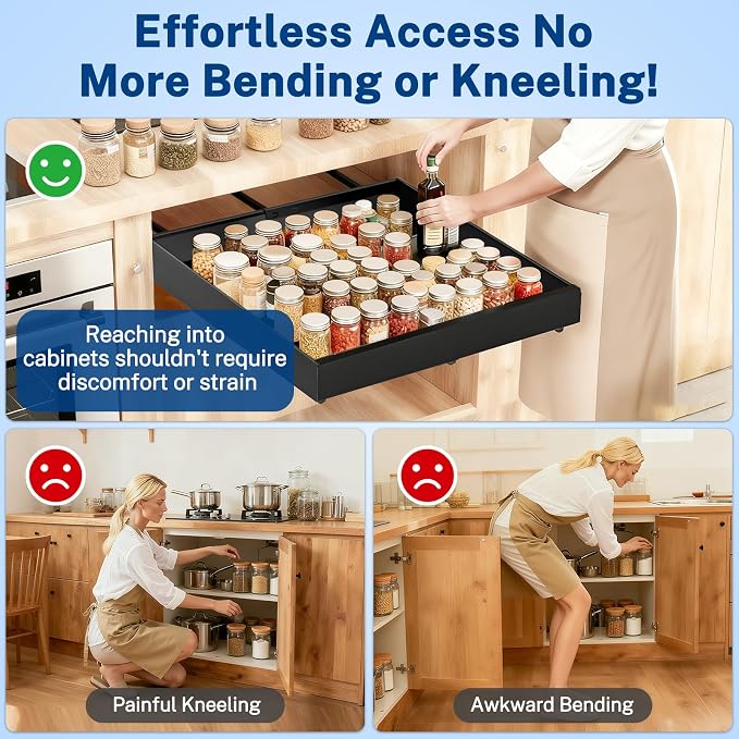 Insputer Pull Out Cabinet Organizer Expandable Width(12.2"-20.47") & 21" Deep, No Drill Adhesive Slide Out Drawers with Upgrade 3 Slide Rails, Magnetic Panel, Roll Out Shelf for Kitchen, Pantry Black - Image 7