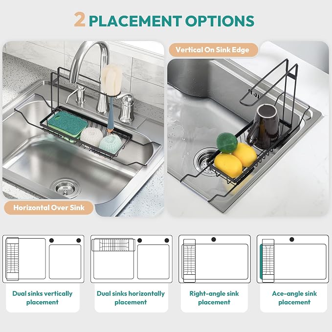 Over the Kitchen Sink Caddy Expandable (14.17-17.32 in) | Stainless Steel Anti-Slip Rustproof Sink Organizer Rack, Hanging Drying Holder for Sponges, Soap, Brushes, Dishcloths and Rag - Image 6