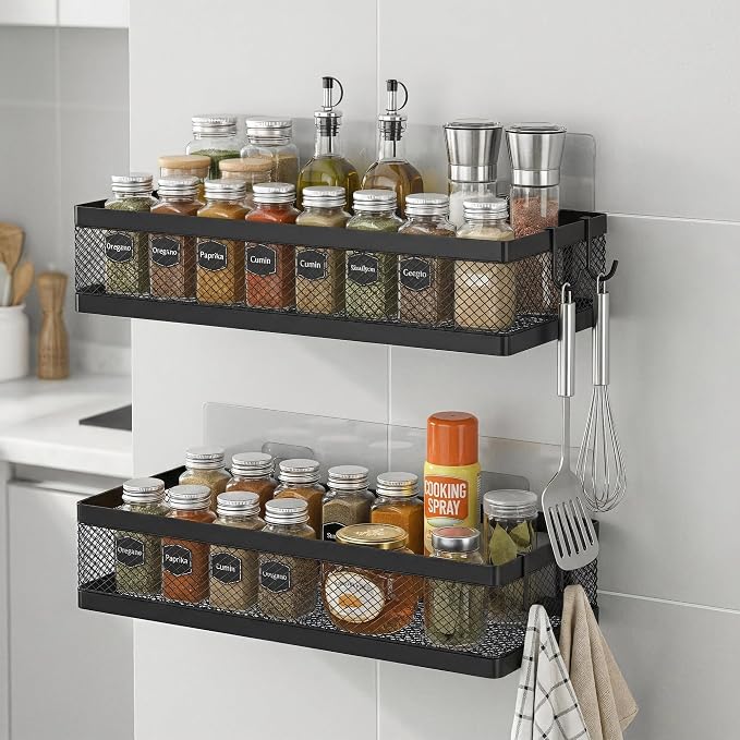 PUSDON Mesh Shower Caddy Wall Mount, Heavy Duty Adhesive Bathroom Shelf Organizer, Rustproof Floating Spice Rack for Kitchen Pantry, Holds 50 LBS, Multi-Purpose Storage Black-2 Packs (Netting) - Image 9