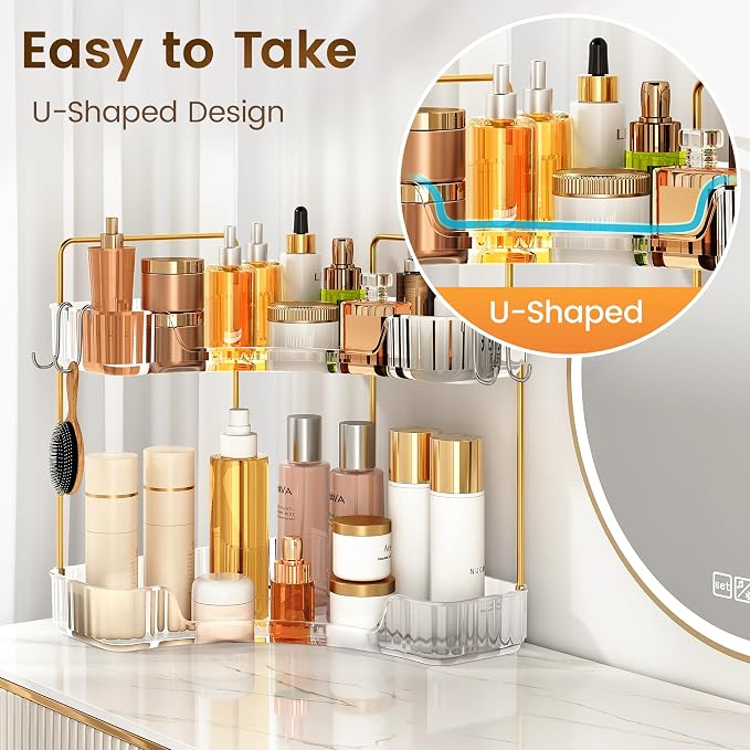 Corner Bathroom Counter Organizer 2 Tier Bathroom Organizers | Storage Countertop with Hooks Skin Care Exquisite Vanity Organizer Countertop Bathroom Storage Dresser, Kitchen-Clear - Image 5