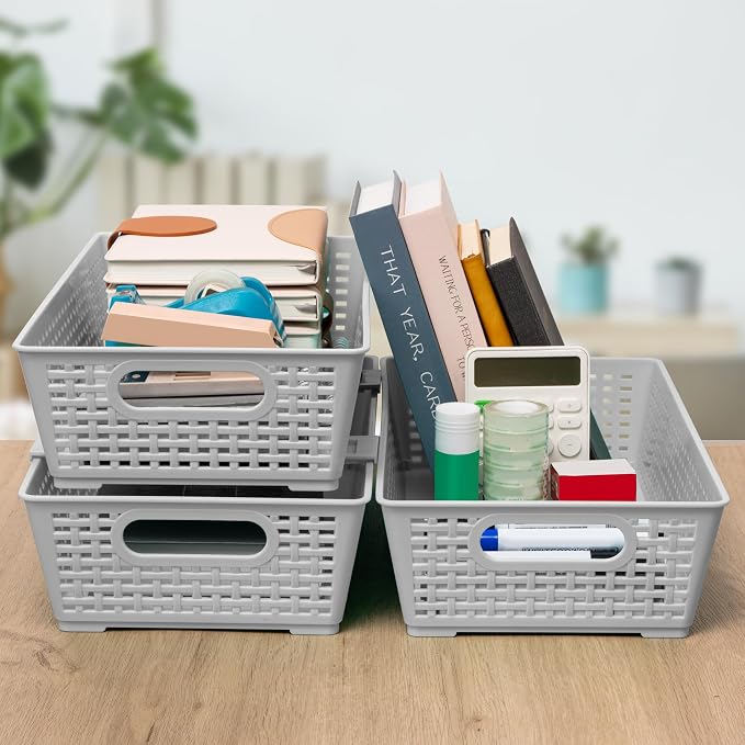 Tiawudi Stackable Woven Plastic Basket, Storage Bins for Cabinet, Closet, Shelf, Under Sink and Countertop, Pantry Organizer Bins, 6 Pack - Image 7