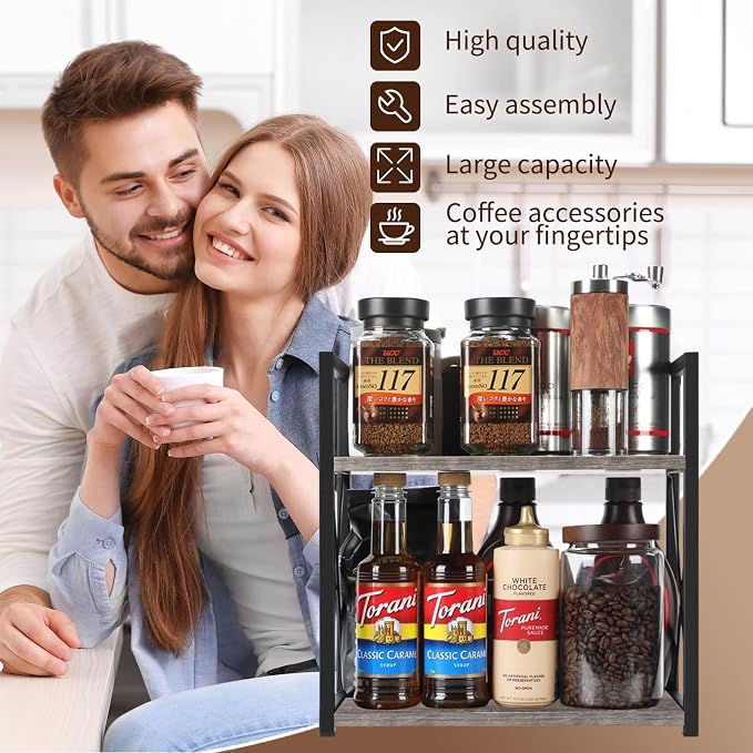 YINMIT Kitchen Countertop Organizer,Spice Rack,Coffee Bar Shelf Organizer | 2-Tier Coffee Station,Seasoning Storage,Syrup,Mug Cup,Bottle Holder,Bathroom Vanity,Pantry,Bedroom and Office,Grey,Medium - Image 7
