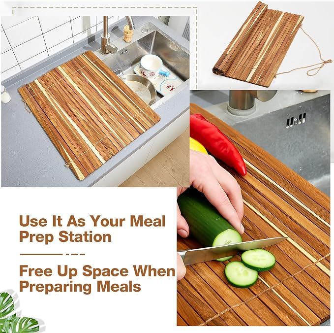 Wooden Dish Drying Rack, 20.5 x 16 Inch Roll up Kitchen Over Sink Dish Drying Rack for Dishes, Plates, Bowls, Wooden Cover Counter Space, Crack Resistant Drainer, Kitchen Supplies - Image 5