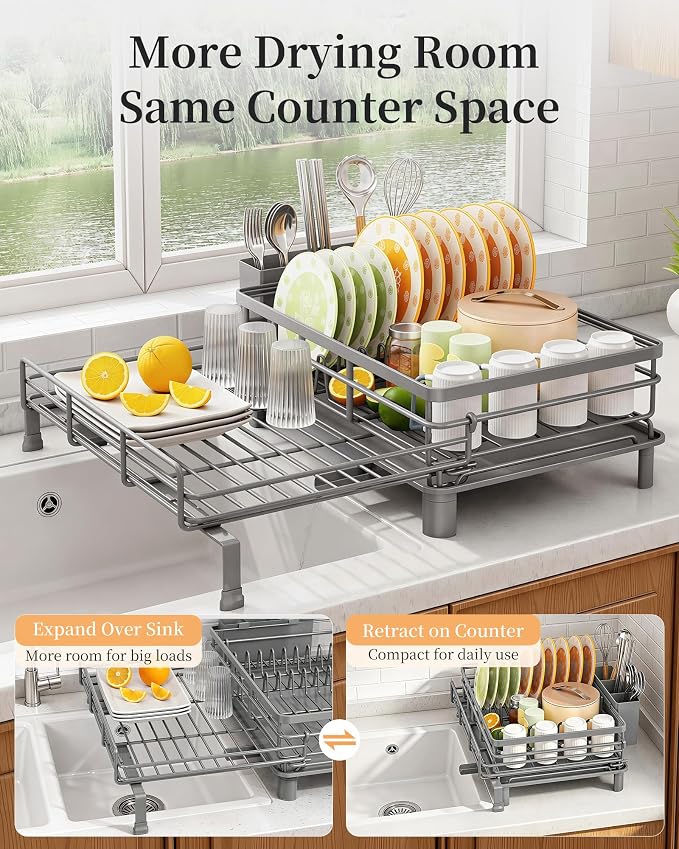 SAYZH Expandable Dish Drying Rack for Kitchen Counter, Metal, Grey | Foldable Over Sink, Large Capacity, Rust-Resistant, Adjustable for Most Sinks, Automatic Drainage, Removable Utensil Holder - Image 3