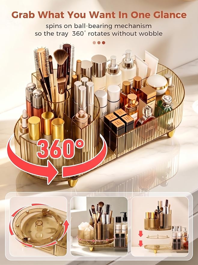 Booklov Rotating Makeup Organizer for Vanity Countertop, Amber | Clear Acrylic Cosmetic Display Case, Large Beauty Brush Holder for Bathroom Counter, Skincare Lipsticks Storage - Image 8