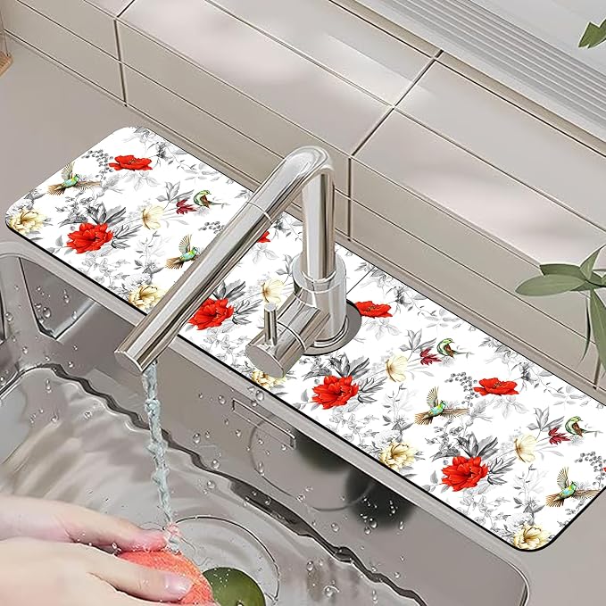 Faucet Mat for Kitchen Sink Poppy Flowers Watercolor Sink Splash Guard Behind Faucet Soft Diatom Mud Material Non-slip Easy to Clean for Bathroom & Kitchen 24"X5.5" - Image 6
