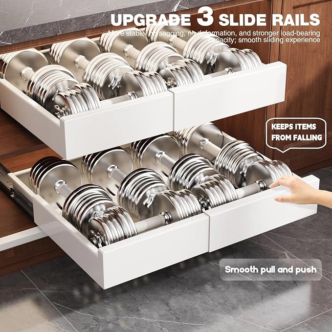 Seinloes Pull Out Cabinet Organizer,4-Side Expandable to Maximize Cabinet Space,Slide Out Drawers with 3 Rail Design,Roll Out Shelf with Raising Pad for Framed Cabinet,13"-21"W x 13"-17"D,White,2 Pack - Image 3