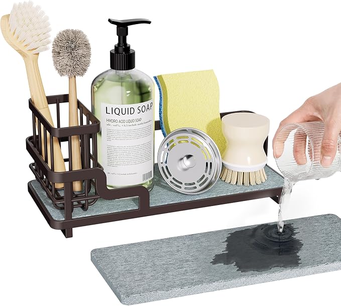 Consumest Sponge Holder for Kitchen Sink - Sink Caddy Organizer with Water Absorbing Stone Tray, Detachable Brush Holder, Stainless Steel Kitchen Counter Organizer Rack, Bronze by Consumest