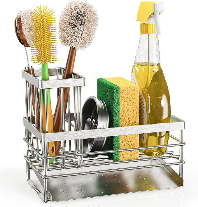 Cisily Sink Caddy Sponge Holder for Kitchen with Brush Holder and Stainless Steel Self Drain Tray, Rustproof Kitchen Sink Organizer for Sponge, Soap Dispenser Storage Accessories - Image 8