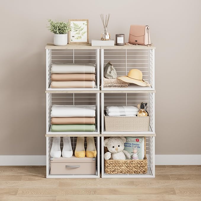 3PCS Stackable Closet Organizers and Storage Basket | with Wood Top Extra Storage, Multifunctional Storage Organizer Bin, Open Wire Basket, Greige and White - Image 8