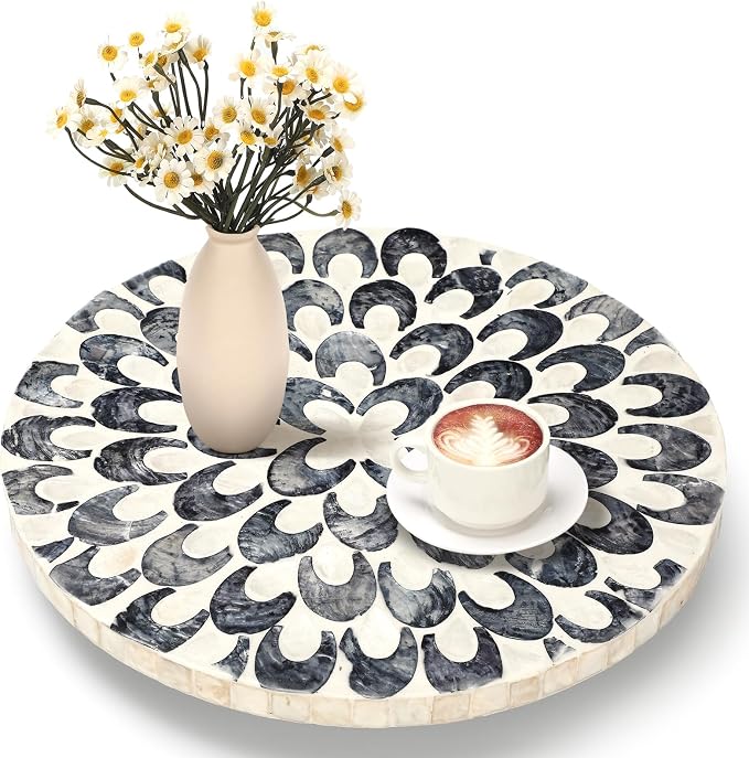 Reallnaive Mother of Pearl Lazy Susan for Table Turntable Organizer Marble Patterned Lazy Susan Wood Spinning Tray Rotating for Kitchen Cabinet Spice Pantry 12 Inch(Round,Floral) by Reallnaive