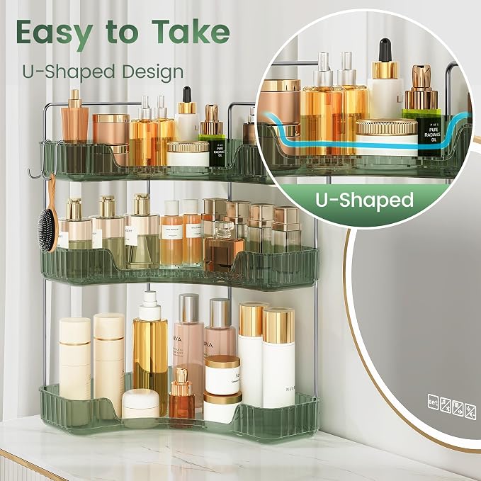 3-Tier Green Corner Organizer, PET Counter Storage with Hooks | Multi-Surface Organizer for Bathroom Vanity & Kitchen Countertop - Image 5