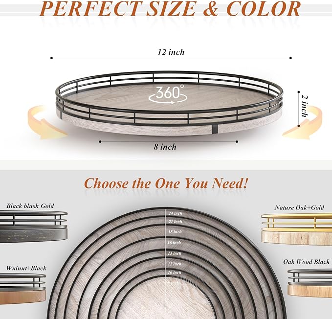 AMH 12-Inch Whitewashed Farmhouse Lazy Susan Tray with Black Metal Frame | Smooth rotating oak tray with walnut finish for dining tables, kitchen counters, pantries and cabinet storage. - Image 6