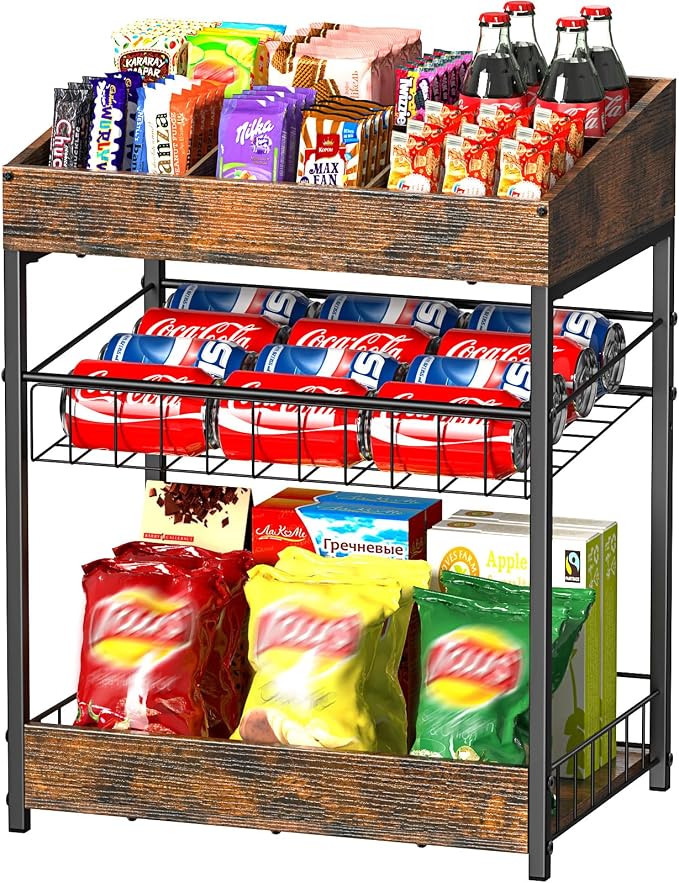Snack Organizer for Countertop, 6 Adjustable Compartment | 3 Tier Snack Rack Display, Retail Display Shelf for Kitchen, Pantry, Counter, Office, Easy to Install, Brown by Kssiaz