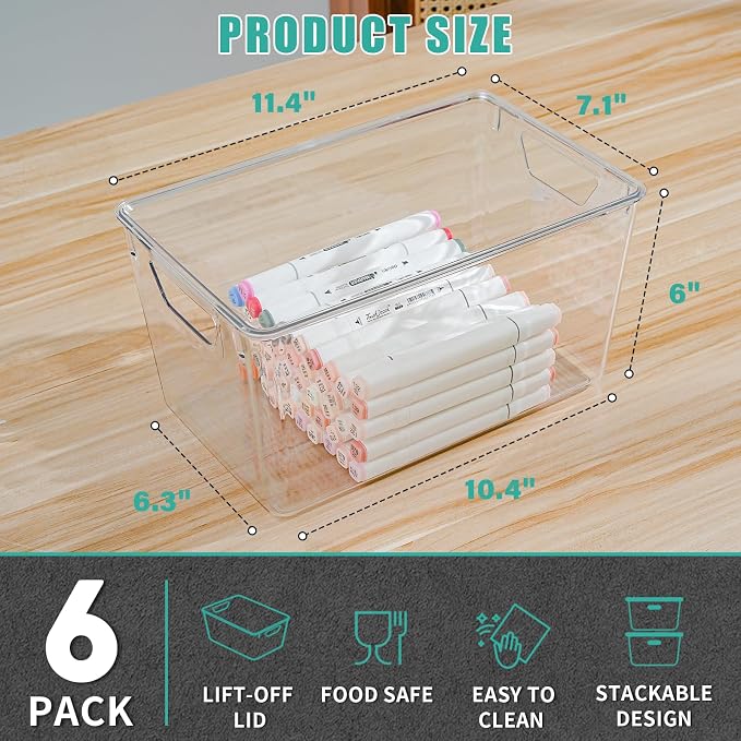 6 Pack Large Clear Storage Bins with Lids, Acrylic Arts and Craft Storage Containers, Stackable Clear Plastic Craft Storage Bins with Handles for Classroom Storage Organization,Kitchen, Fridge, Office - Image 2