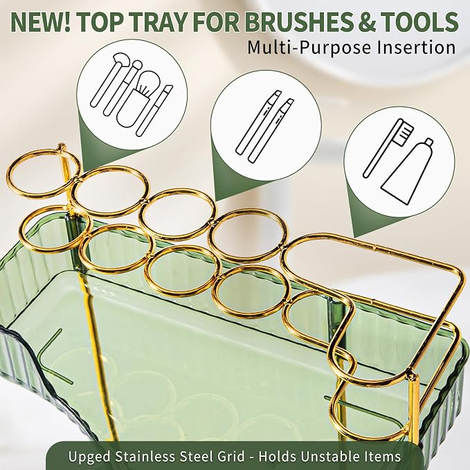 Upgraded 2-Tier Corner Bathroom Countertop Organizer – Spacious Storage for Makeup, Skincare & Perfumes, Built-in Brush Holder Fits Vanity/Dresser/Bsthtub (Sage Green) - Image 3