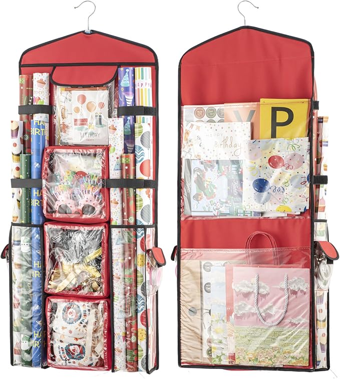 Christmas Wrapping Paper Organizer Storage, Hanging Gift Bag Storage Organizer, Double-Sided Wrapping Paper Holder Storage - Red by EOLIMEX