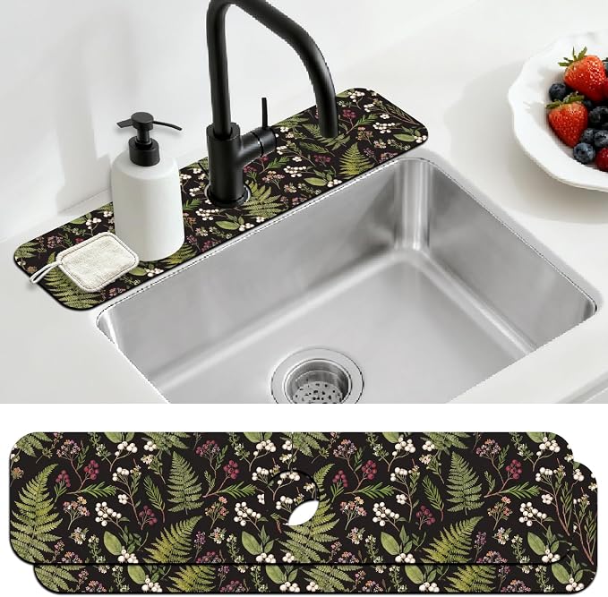 2 Pcs Kitchen Sink Splash Guard Faucet Mat Vintage Fern and Berries Pattern Faucet Mat for Sinks Absorbing Drying Mat for Kitchen Bathroom, 23.6x5.5inch by CONCHLERY%E6%97%97%E8%88%B0%E5%BA%97