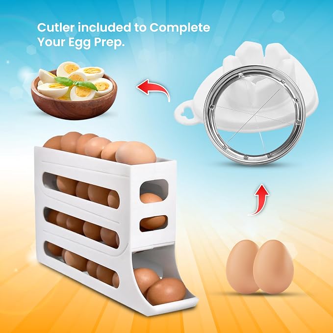 ZAYLAN Auto-Rolling Egg Holder for Fridge – 4-Tier Space-Saving Dispenser Holds 28 Eggs, White Organizer with FREE Flower Egg Cutter - Image 6