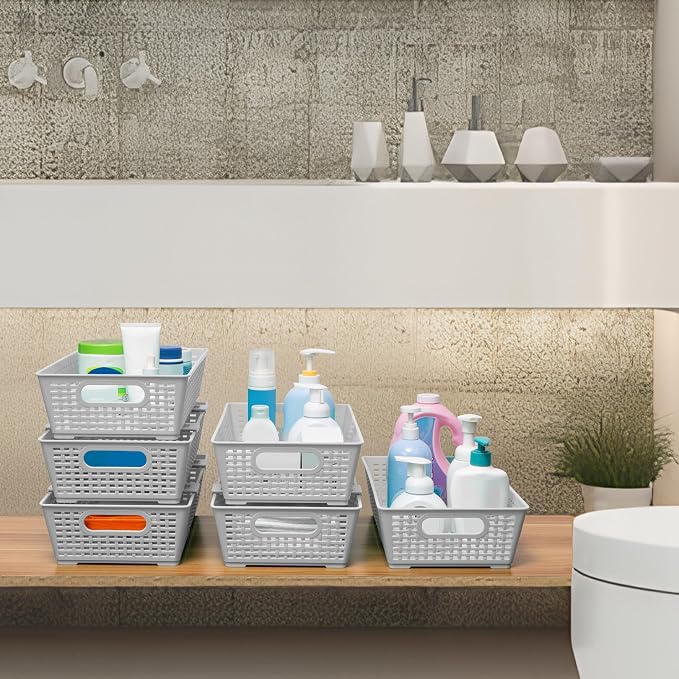 Tiawudi Stackable Woven Plastic Basket, Storage Bins for Cabinet, Closet, Shelf, Under Sink and Countertop, Pantry Organizer Bins, 6 Pack - Image 6