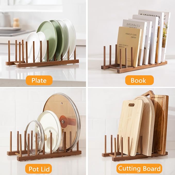 HBlife Acacia Wooden Dish Dying Rack Pot Lid Plate Organizer Holder for Cabinet, Cutting Board Stand Drainer Storage Plate Rack for Dish, Pot Lid, Bowl, Cup, Cutting Board and Books - Image 8