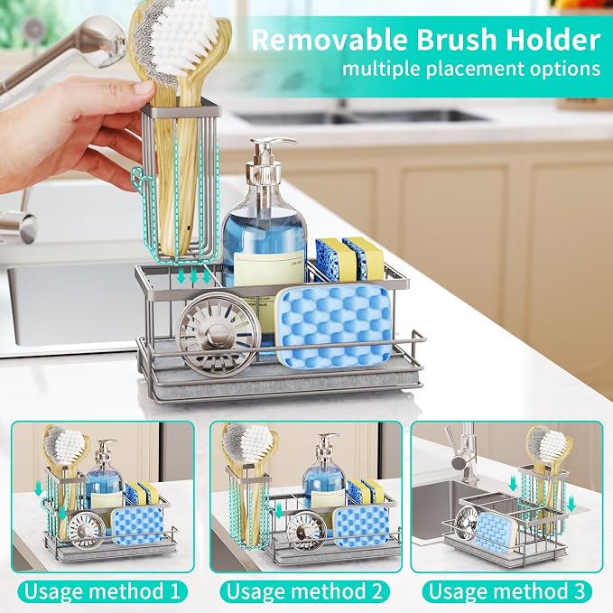 HapiRm Sink Caddy Sponge Holder - Kitchen Sink Organizer with Instant Drying Stone and Brush Holder, Stainless Steel Sponge Caddy for Kitchen Countertop - Brushed Nickel - Image 3