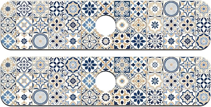 2 Pcs Kitchen Sink Splash Guard Faucet Mat Blue-toned Tile Faucet Mat for Sinks Absorbing Drying Mats for Kitchen Bathroom, 23.6x5.5inch - Image 8