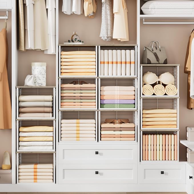 3PCS Stackable Closet Organizers and Storage Basket | with Wood Top Extra Storage, Multifunctional Storage Organizer Bin, Open Wire Basket, Greige and White - Image 2