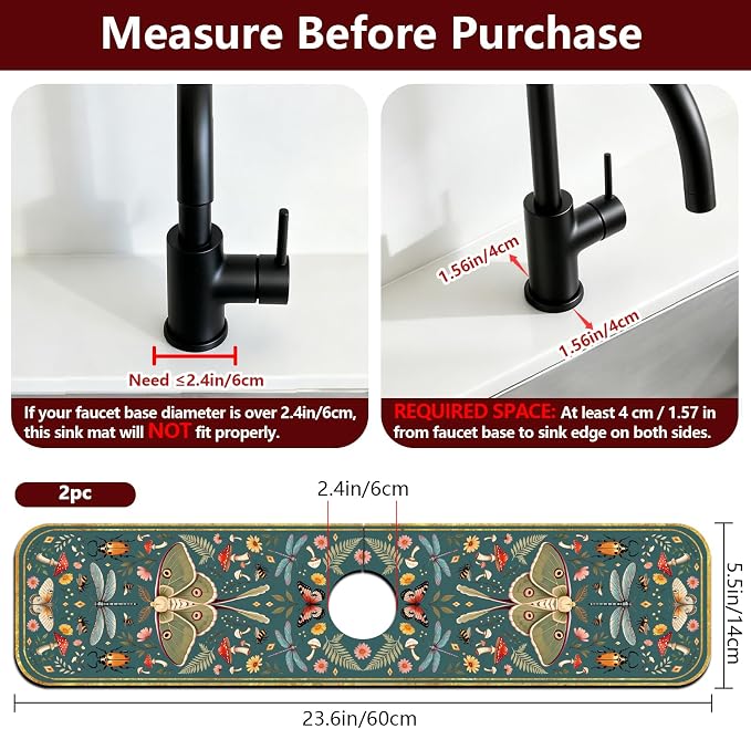 2 Pcs Kitchen Sink Splash Guard Faucet Mat Vintage Green Insects and Plants Faucet Mat for Sinks Absorbing Drying Mat for Kitchen Bathroom, 23.6x5.5inch - Image 2