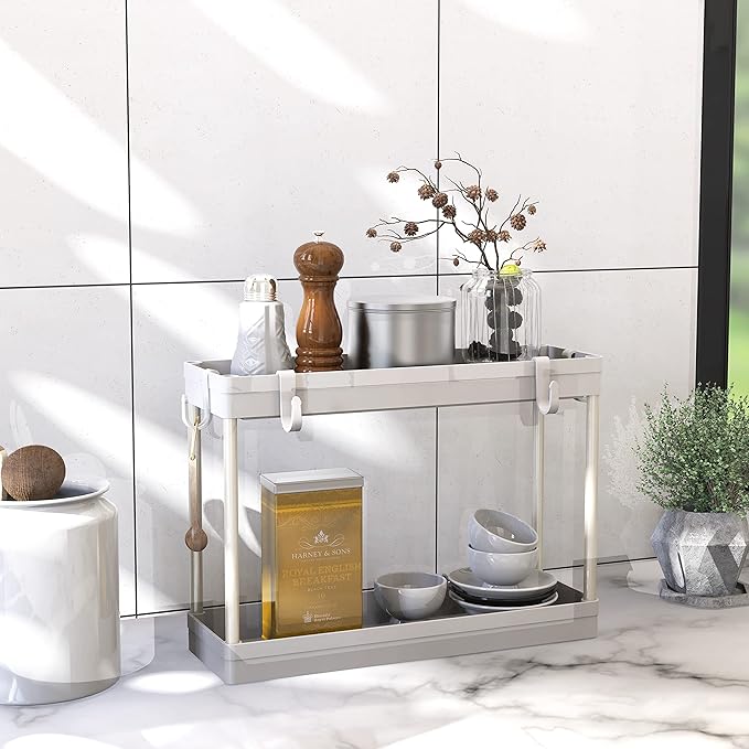 Simple Houseware 2-Tier Under Sink Organizer Storage Tray with Hooks, White - Image 4