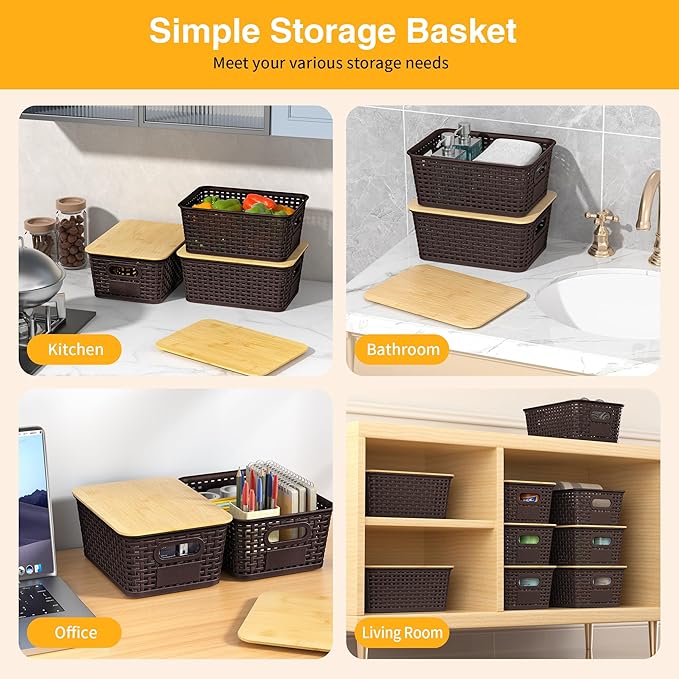 6 Pack Plastic Storage Baskets,Brown bamboo lid storage Box | Labels, Stackable, For Organizing Shelves Pantry Drawers Desktop Closets Organizing Desktop Closet Playroom Classroom - Image 4