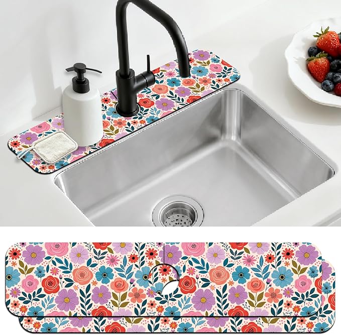 2 Pcs Kitchen Sink Splash Guard Faucet Mat Colorful Spring Flowers Faucet Mat for Sinks Absorbing Drying Mat for Kitchen Bathroom, 23.6x5.5inch by CONCHLERY%E6%97%97%E8%88%B0%E5%BA%97