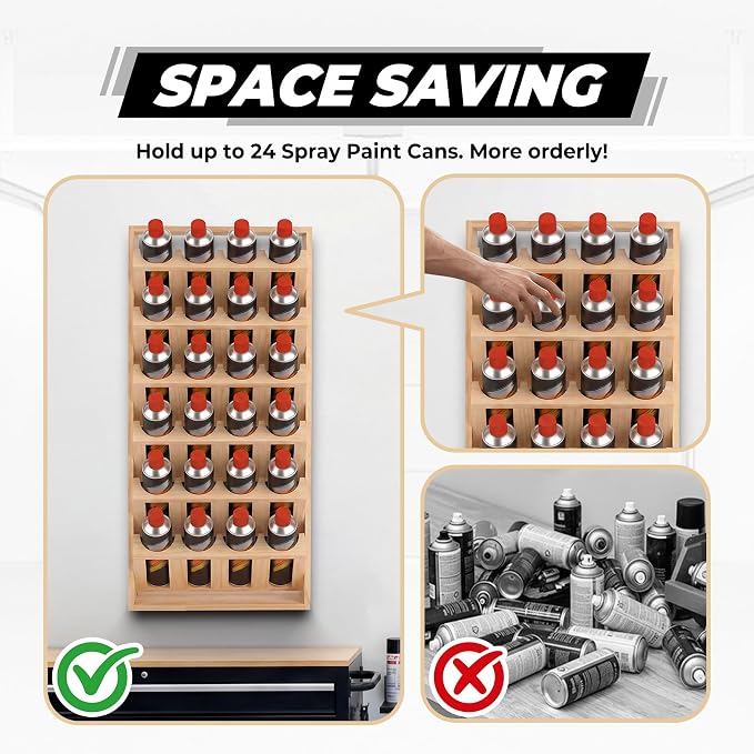 Sidasu Spray Can Holder, 6-Tier Wall Mount Spray Paint Storage Rack | 24-Can Capacity, Wooden, DIY Paintable, Paint Can Organizer for Garages and Workshops - Image 4