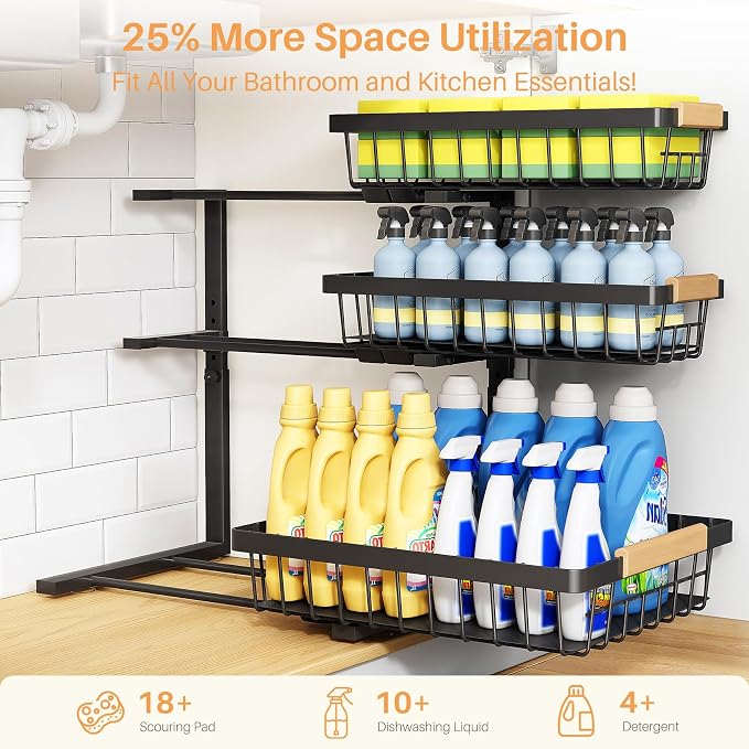 PXRACK Under Sink Organizer, 3-Tier 2-Pack Adjustable Height Pull Out Under Cabinet Organizer, Slide Out Thickened Metal Under Sink Storage for Kitchen Bathroom Laundry Pantry Organization, Black - Image 4