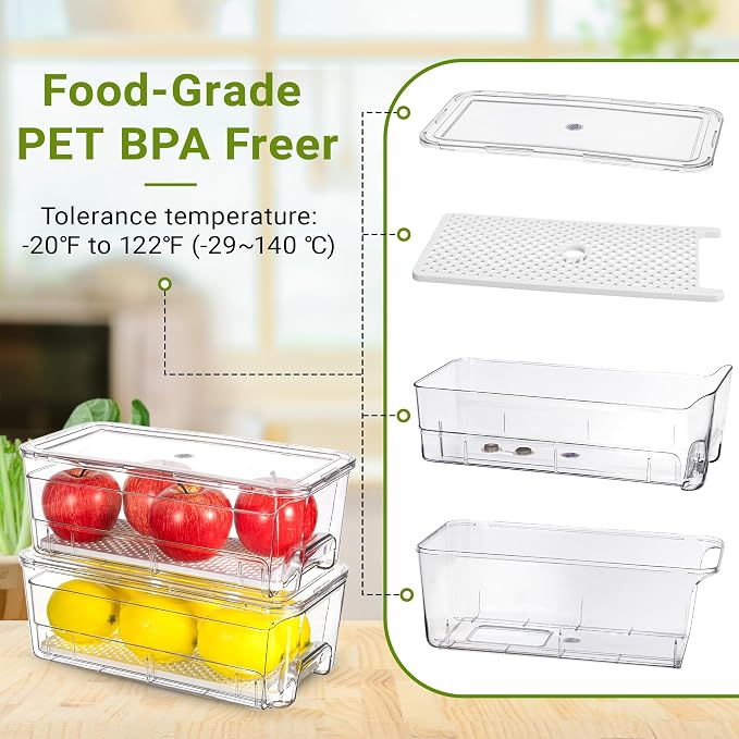 Imncya 3 Pack Fridge Organizer Bins, Refrigerator Organizers and Storage | Stackable Pull-Out, Refrigerator Drawers with Lids, Clear Design with Drain Tray, Fruits Vegetables Snack Storage Containers - Image 8