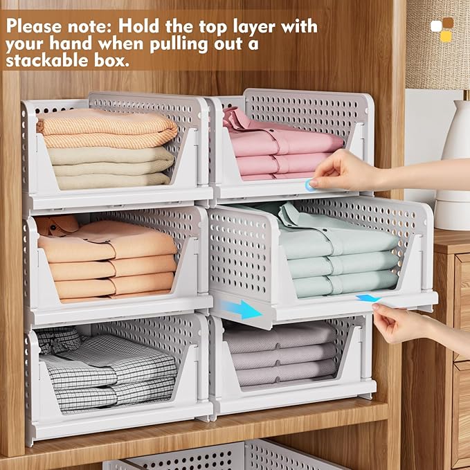 8 Pack Closet Organizers and Storage, Stackable & Foldable Closet Bins | Closet Storage Basket for Bathroom, Kitchen, Laundry Room, Drawer Shelf & Wardrobe Storage, Space-Saving Design, White - Image 6