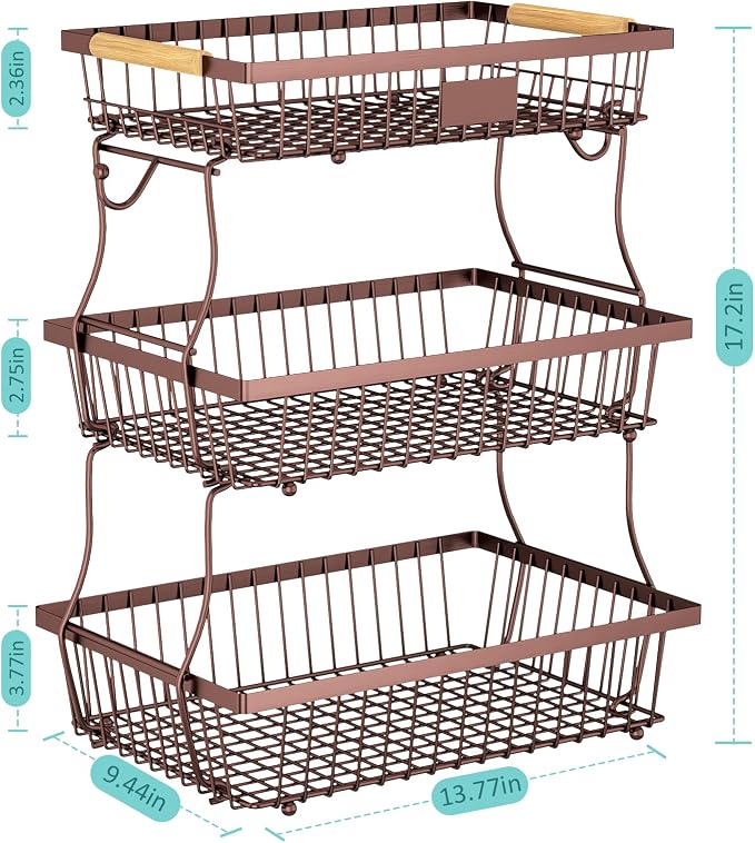 3 Tier Fruit Basket for Kitchen Counter with 2 Banana Hangers, Countertop Metal Fruit Bowl with Wooden Handle, Large Storage Stand for Vegetables, Snacks, Breads, Produce Storage – Brown - Image 5