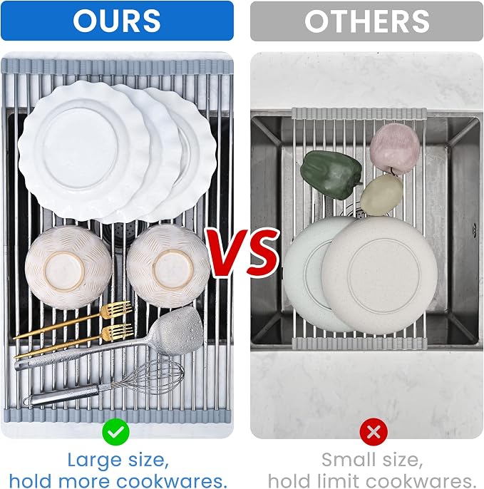 Roll Up Dish Drying Rack Over the Sink 12.5"-21.6" Expandable | 304 Stainless Steel Foldable Sink Drying Rack, Dish Drainer for Kitchen Sink, Dish Dryer Rack Mat for Kitchen Counter, Gray - Image 4