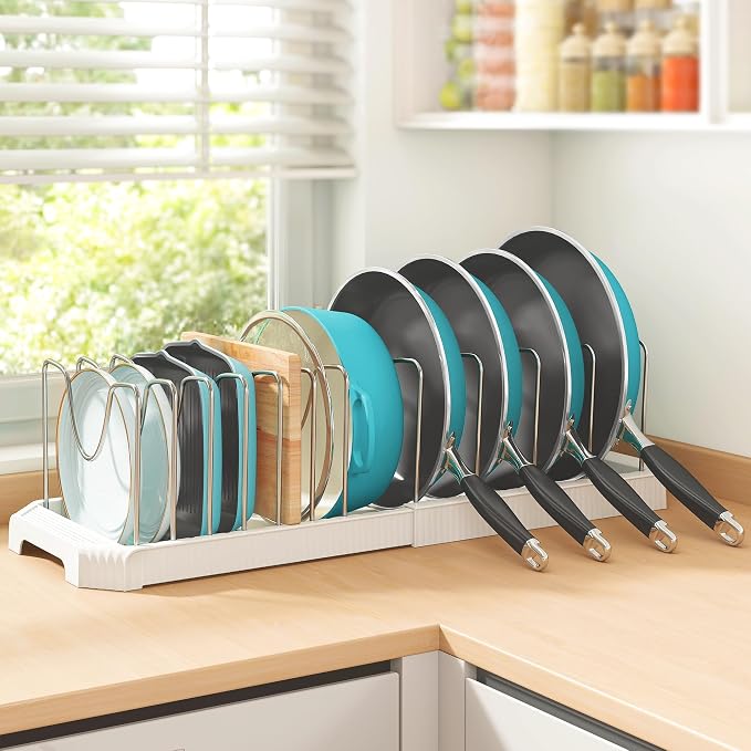 Expandable Pan Organizers Inside Cabinet with 12 Dividers White | Extends 12.9-21.9", Holds cookie sheets, cutting boards, pot lids and pans, iron dividers, plastic base, under cabinet rack - Image 8