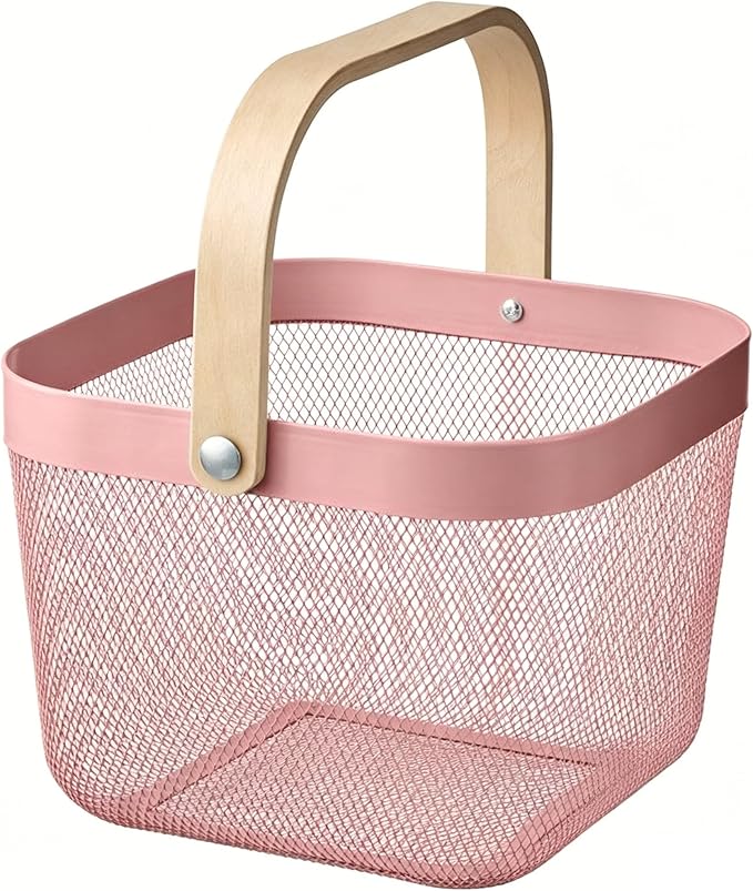 AJIODA Metal Mesh Steel Basket, Storage Organizer Basket Multi-functional Hanging Kitchen Baskets Fruit Baskets with Wooden Handle for Kitchen Bathroom Picnic Shopping Decor Cabinet Home, Rose Pink by AJIODA