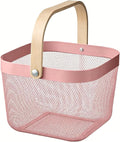 AJIODA Metal Mesh Steel Basket, Storage Organizer Basket Multi-functional Hanging Kitchen Baskets Fruit Baskets with Wooden Handle for Kitchen Bathroom Picnic Shopping Decor Cabinet Home, Rose Pink by AJIODA